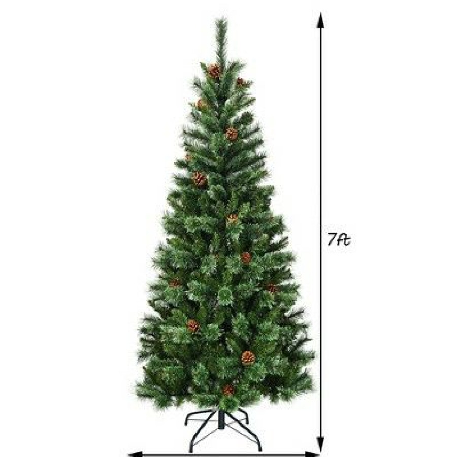 Pine * | Costway 7 Ft Premium Hinged Artificial Christmas Tree Mix Ed Pine Needles W/ Pine Cones