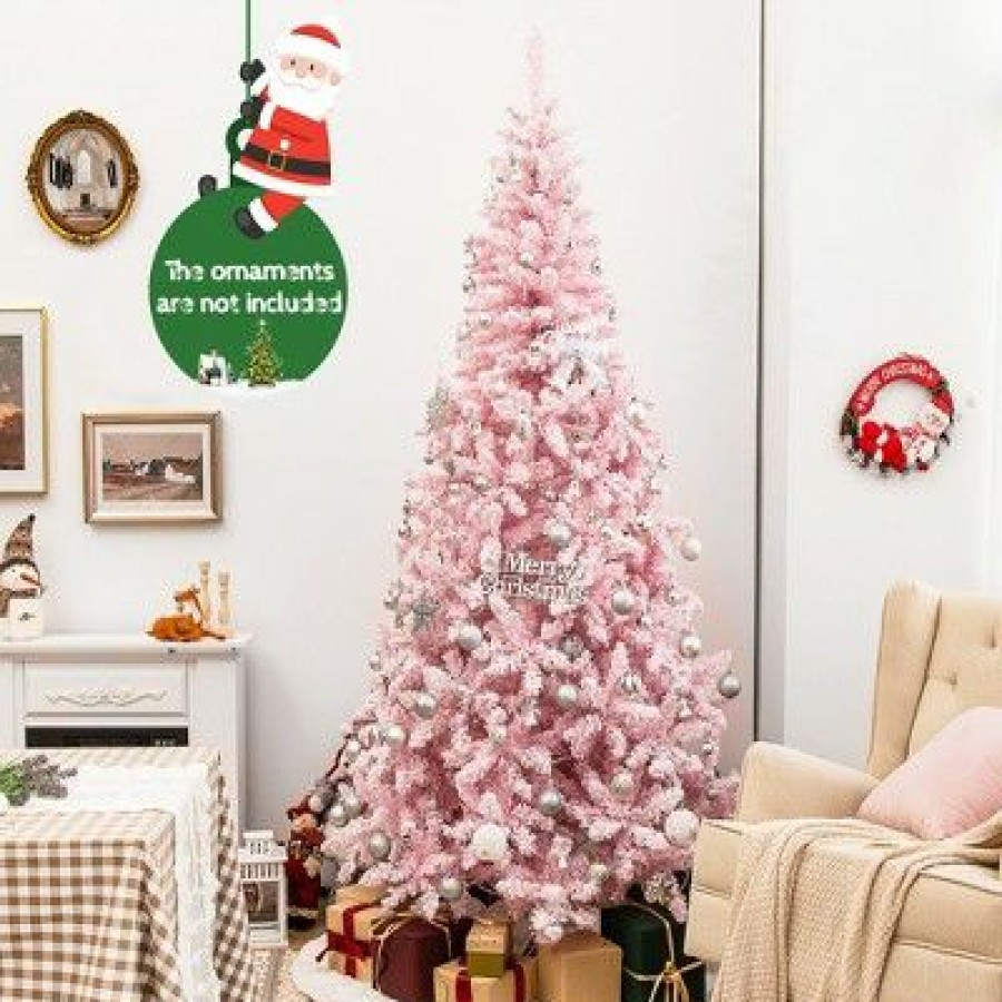 Pine * | Costway 7.5Ft Pre-Lit Snow Flocked Pink Christmas Tree 1100 Tips W/ 450 Lights & 8 Modes