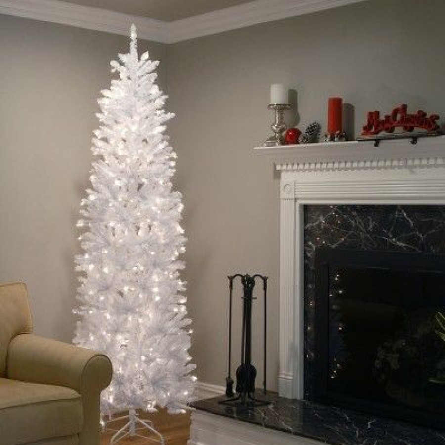 Fir Wood * | National Tree Company Artificial Pre-Lit Slim Christmas Tree, White, Kingswood Fir, White Lights, Includes Stand, 9 Feet