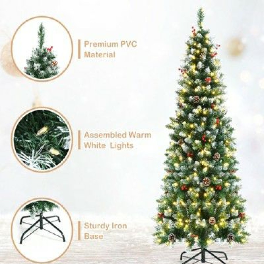 Pine * | Tangkula Happygrill 5Ft Pre-Lit Artificial Christmas Tree Slim Artificial Xmas Tree W/ 250 Replaceable Led Lights & 408 Branch Tips