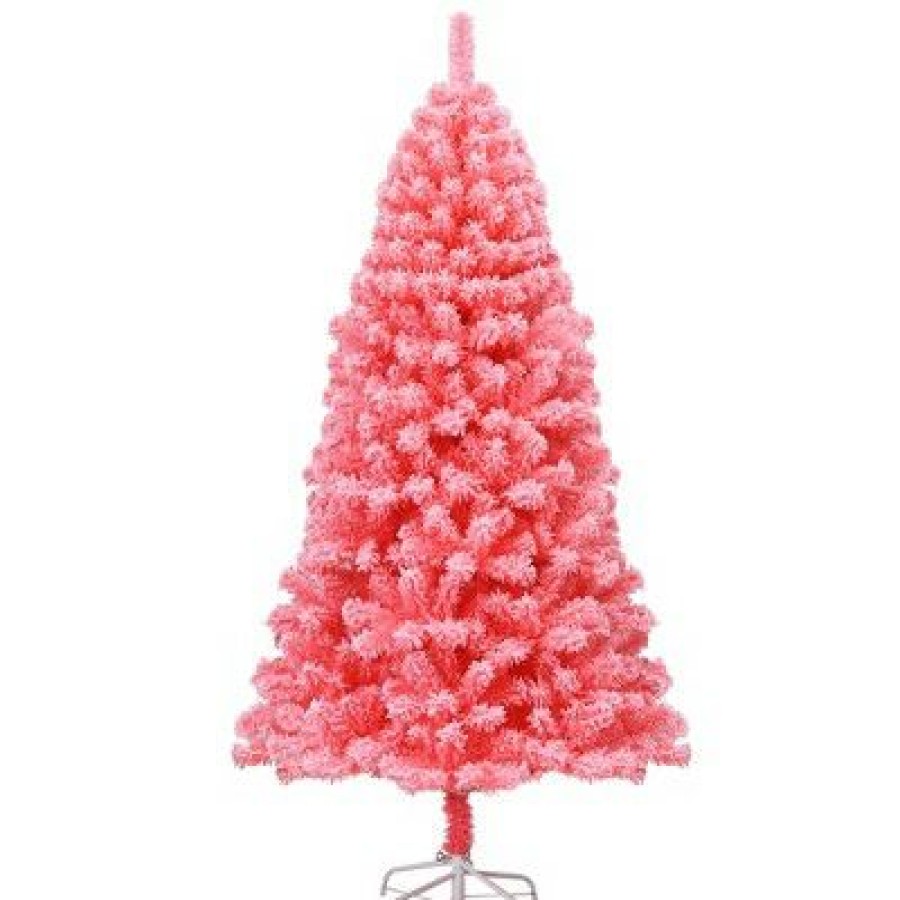 Pine * | Costway 6.5Ft Snow Flocked Hinged Artificial Christmas Tree W/ Metal Stand Pink