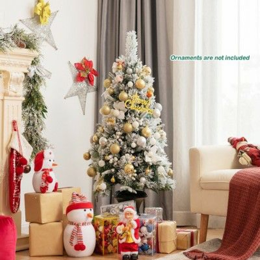 Pine * | Costway 4Ft Pre-Lit Snowy Christmas Entrance Tree W/ White Berries & Flowers