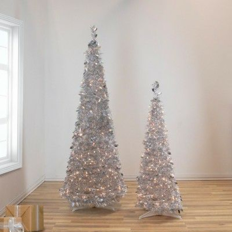 Unidentified Plant Variety * | Northlight 6 Prelit Artificial Christmas Tree Silver Tinsel Pop-Up Clear Lights