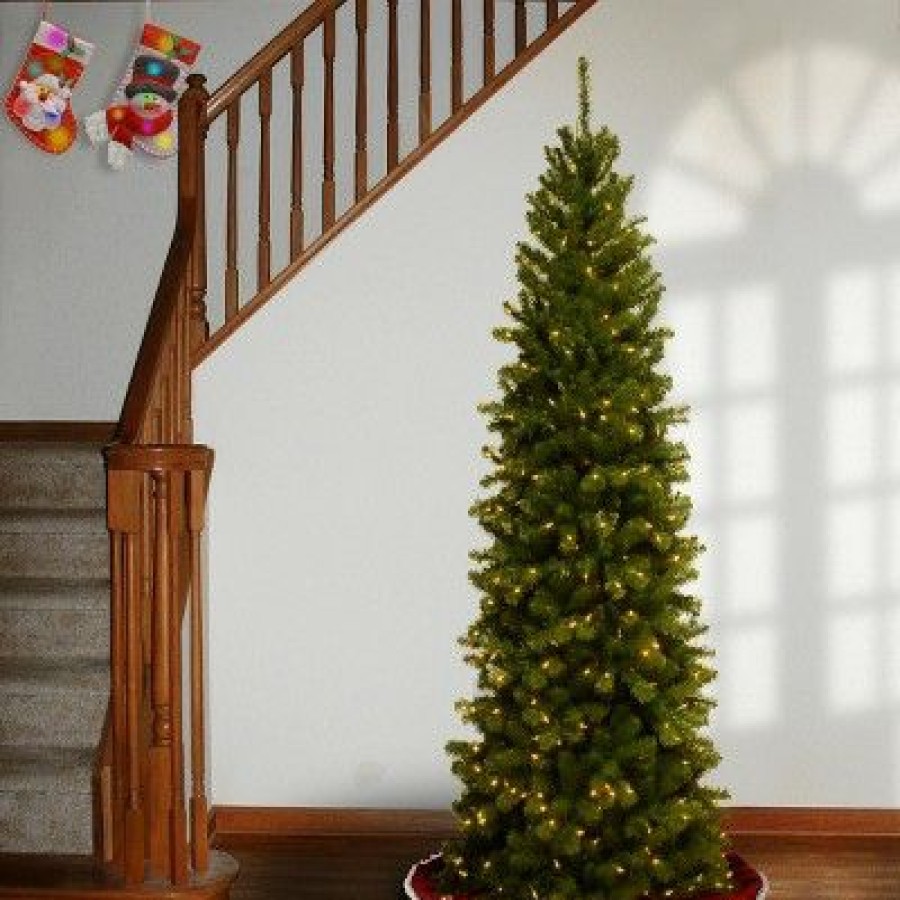 Spruce * | National Tree Company Pre-Lit Artificial Slim Christmas Tree, Green, North Valley Spruce, White Lights, Includes Stand, 7.5 Feet