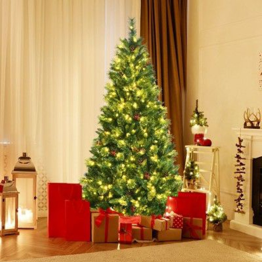 Pine * | Costway 6Ft Pre-Lit Hinged Artificial Christmas Tree W/ Pine Cones & Red Berries