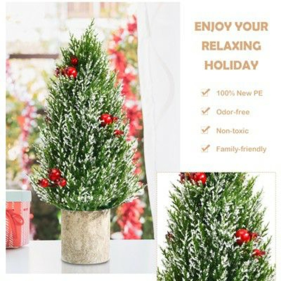 Pine * | Tangkula 18.5" Realistic Christmas Tree Tabletop Artificial Xmas Tree W/ 170 Snowy Tips 6 Pomegranate Clusters