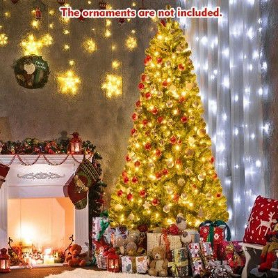 Pine * | Costway 8Ft Pre-Lit Hinged Christmas Tree With Remote Control & 9 Lighting Modes