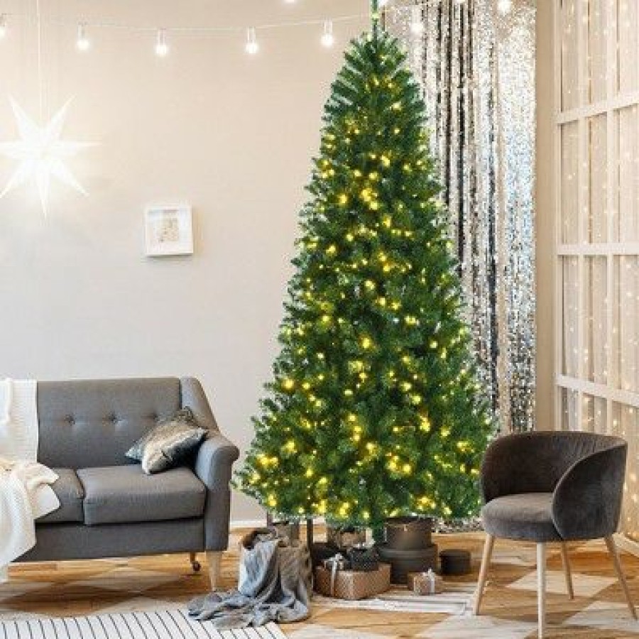 Pine * | Costway 8Ft Pre-Lit Hinged Christmas Tree With Remote Control & 9 Lighting Modes