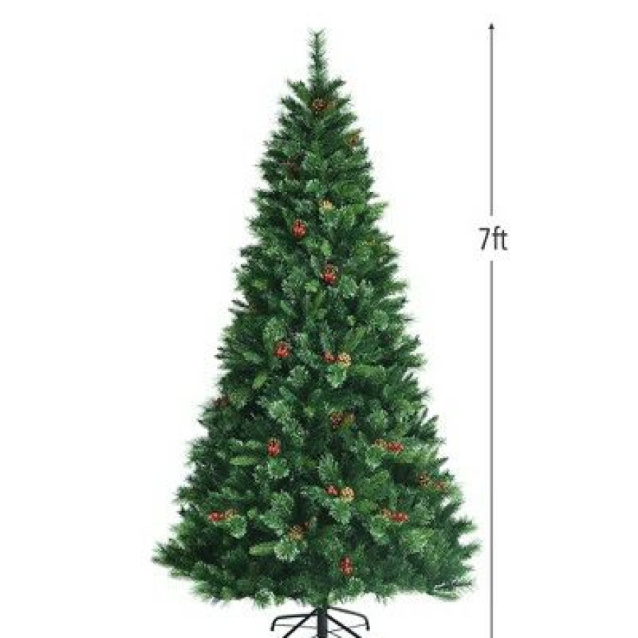 Pine * | Costway 7Ft Pre-Lit Hinged Artificial Christmas Tree W/ Pine Cones & Red Berries