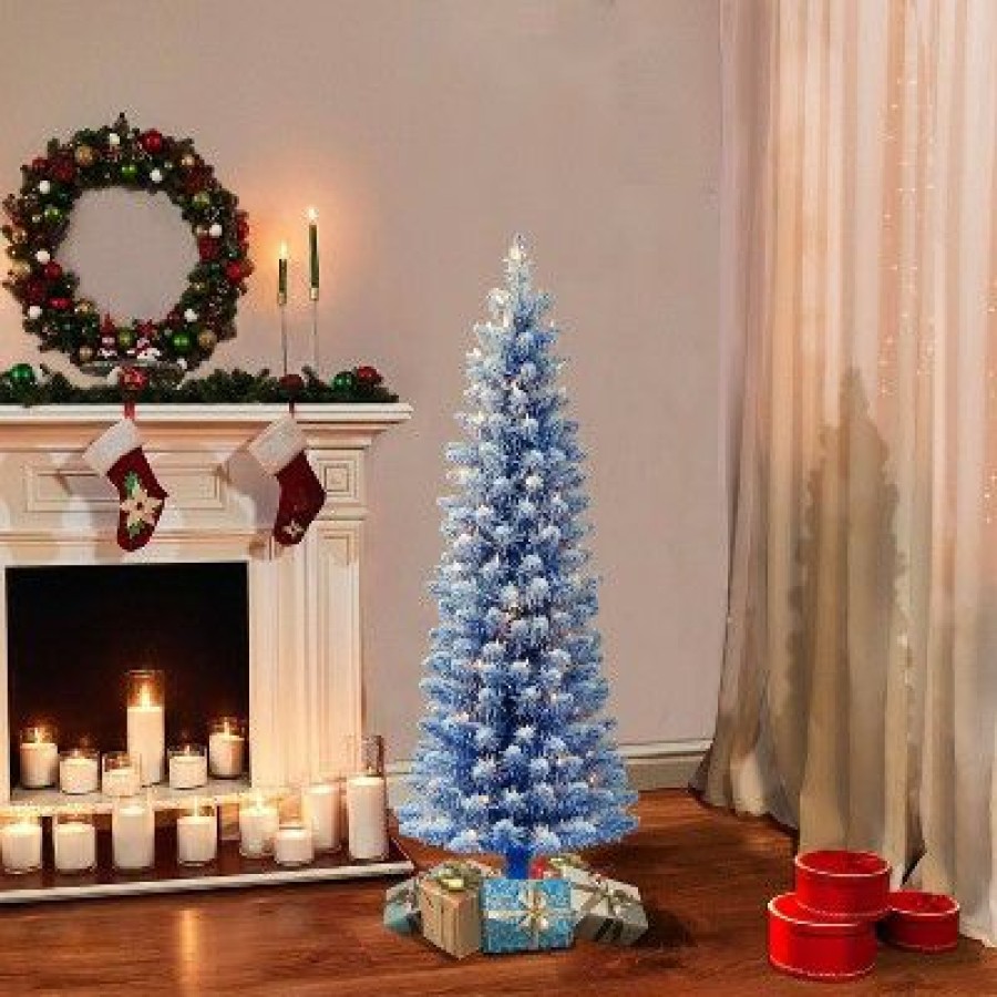 Balsam Fir * | 4.5Ft Puleo Pre-Lit Blue Flocked Slim Artificial Christmas Tree Clear Lights