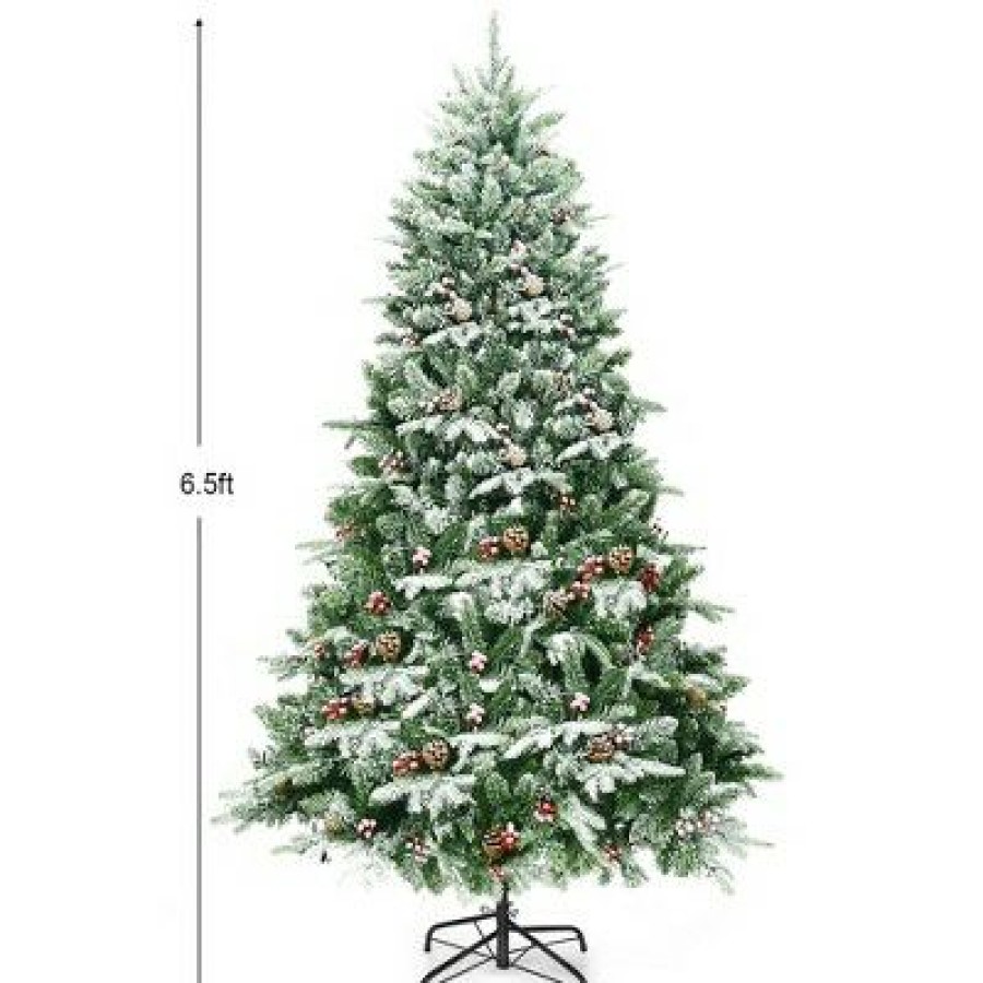 Pine * | Costway 6.5Ft Pre-Lit Snow Flocked Hinged Artificial Christmas Spruce Tree W/ 450 Lights