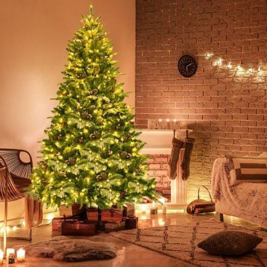 Pine * | Costway 6.5Ft Pre-Lit Snow Flocked Hinged Artificial Christmas Spruce Tree W/ 450 Lights