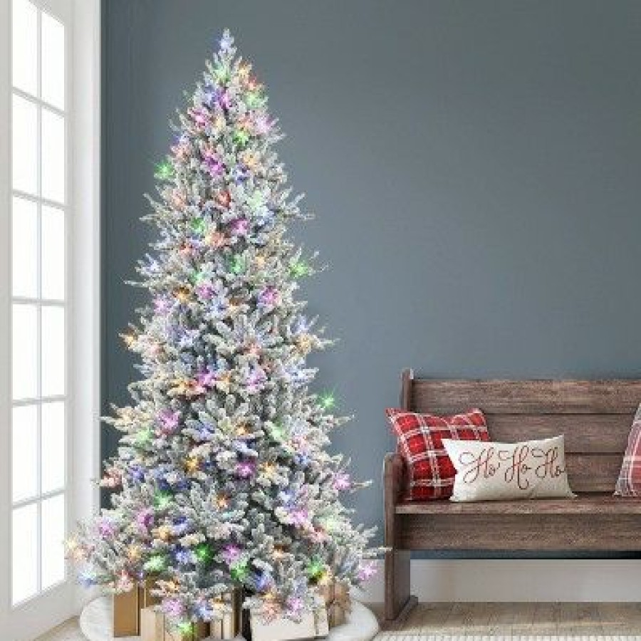 Fir Wood * | Puleo 7.5' Pre-Lit Led Flocked Downswept Full Royal Majestic Douglas Fir Artificial Christmas Tree Color Select Lights