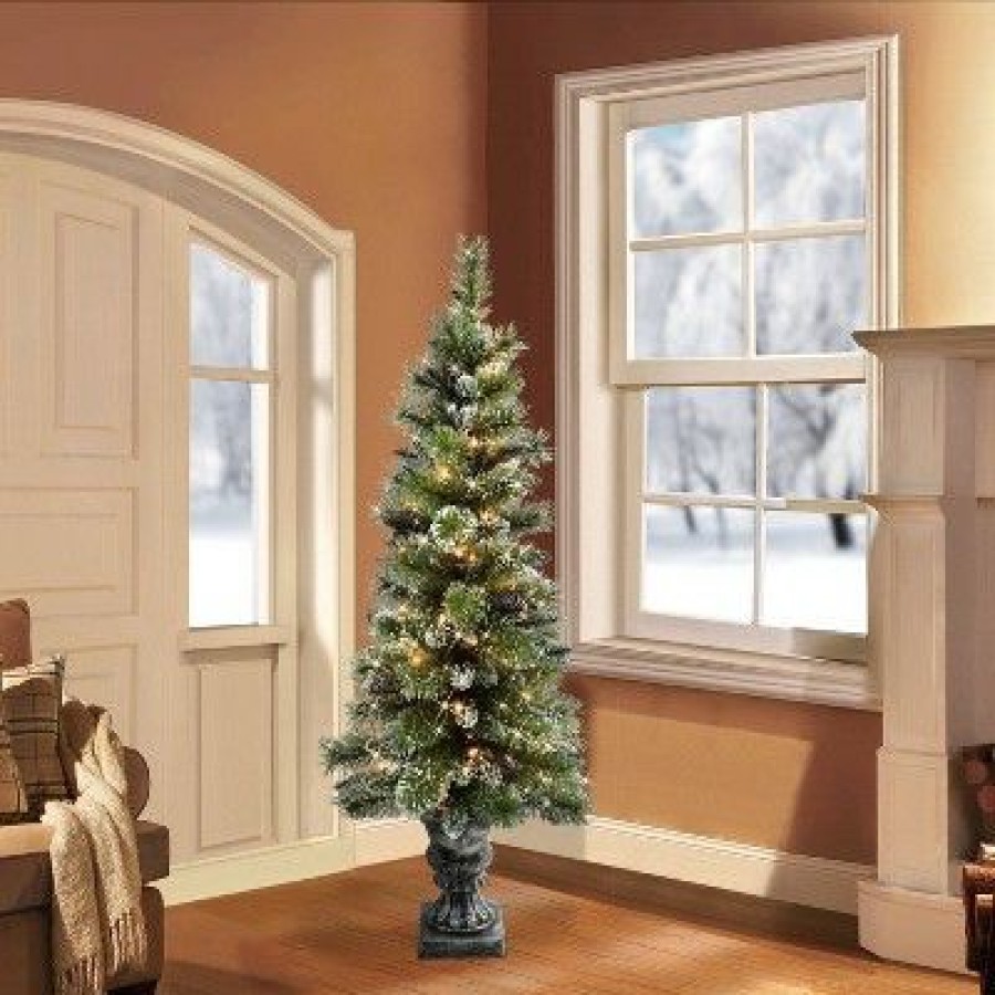 Pine * | 4Ft Pre-Lit Artificial Potted Snow Mountain Artificial Christmas Tree Puleo