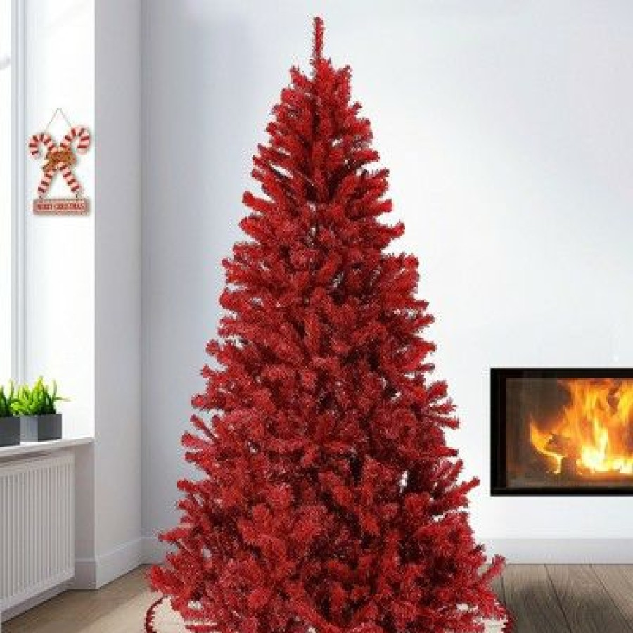 Pine * | National Tree Company 7 Foot Full Bodied Flocked Unlit Colorful Celebration Artificial Christmas Tree With 1,113 Branch Tips, & Metal Stand, Red