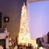 Pine * | Costway 7Ft Pre-Lit Snow Flocked Hinged Pencil Christmas Tree W/ 300 Lights & 8 Modes