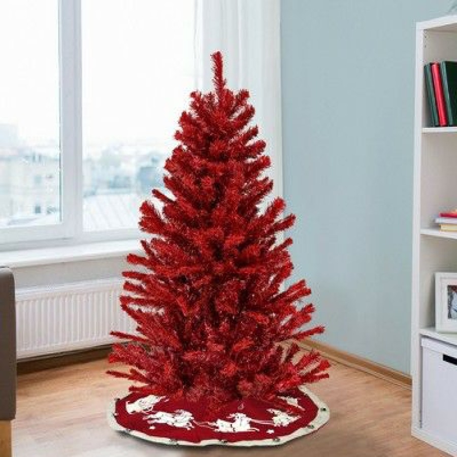 Pine * | National Tree Company 4 Foot Full Bodied Flocked Unlit Colorful Celebration Artificial Christmas Tree With 311 Branch Tips, & Metal Stand, Red