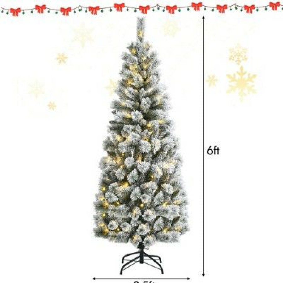 Pine * | Costway 6Ft Pre-Lit Hinged Christmas Tree Snow Flocked W/9 Modes Remote Control Lights