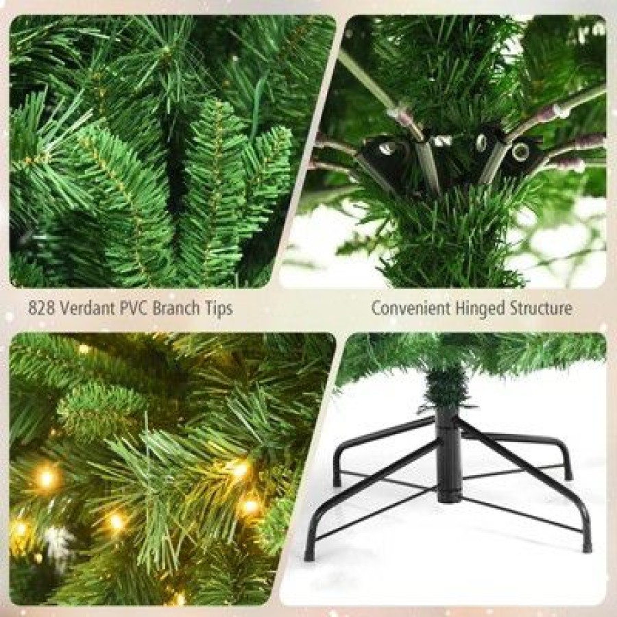 Pine * | Tangkula Pre-Lit Hinged Lifelike Xmas Tree, Lush Artificial Christmas Tree W/ Pvc Tips Led Lights 8 Flash Modes