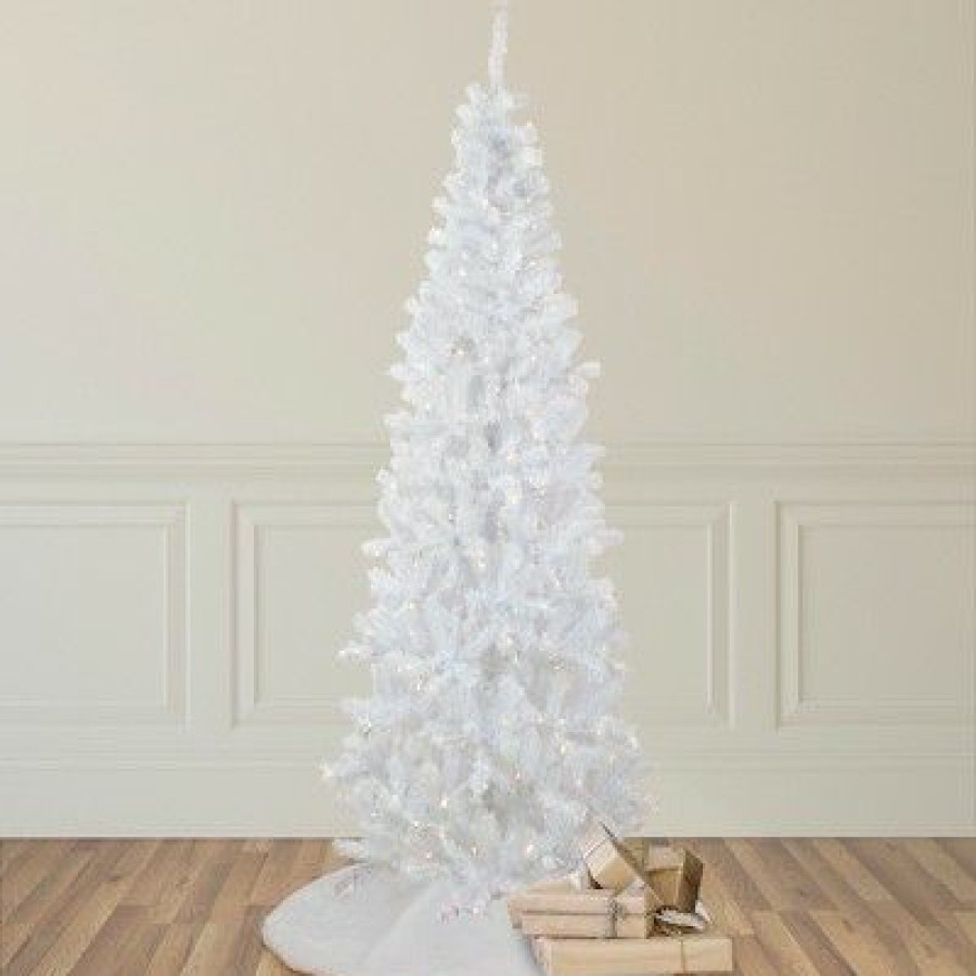 Pine * | Northlight 6.5 Pre-Lit Pencil White Georgian Pine Artificial Christmas Tree, Warm White Led Lights