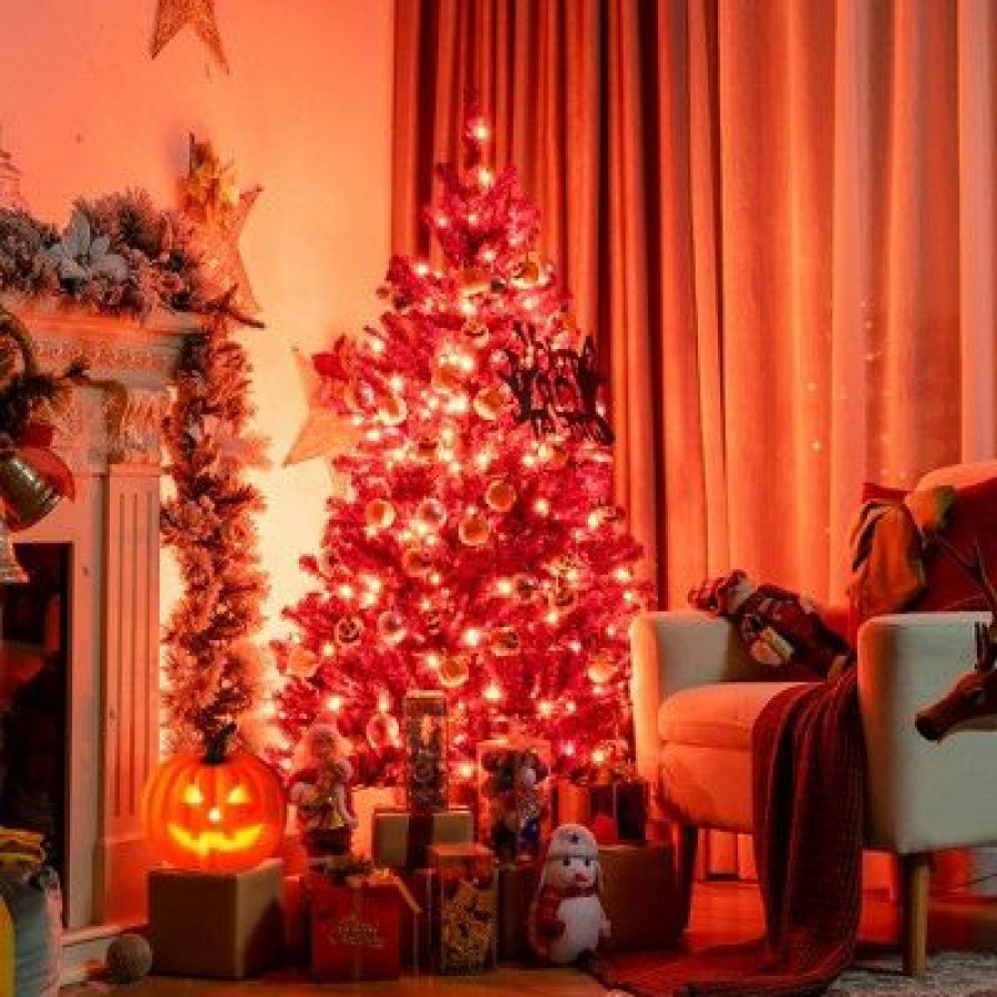 Pine * | Costway 5Ft Pre-Lit Purple Halloween Christmas Tree W/ Orange Lights Pumpkin Decorations