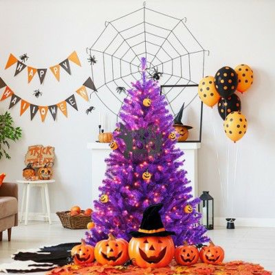 Pine * | Costway 5Ft Pre-Lit Purple Halloween Christmas Tree W/ Orange Lights Pumpkin Decorations