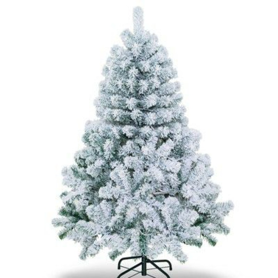 Pine * | Tangkula 4.5 Ft Snow Flocked Christmas Tree Pre-Lit Christmas Tree W/295 Branch Tips & 150 Warm White Led Lights