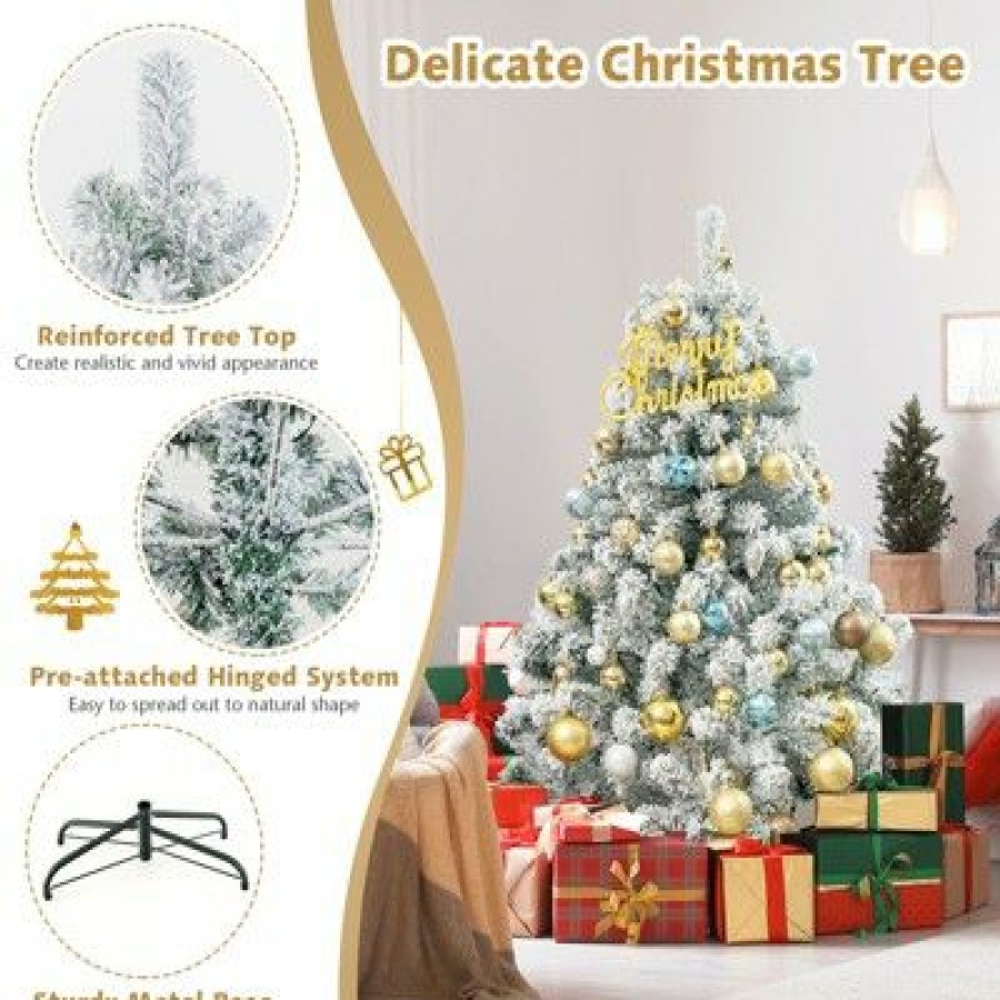 Pine * | Tangkula 4.5 Ft Snow Flocked Christmas Tree Pre-Lit Christmas Tree W/295 Branch Tips & 150 Warm White Led Lights