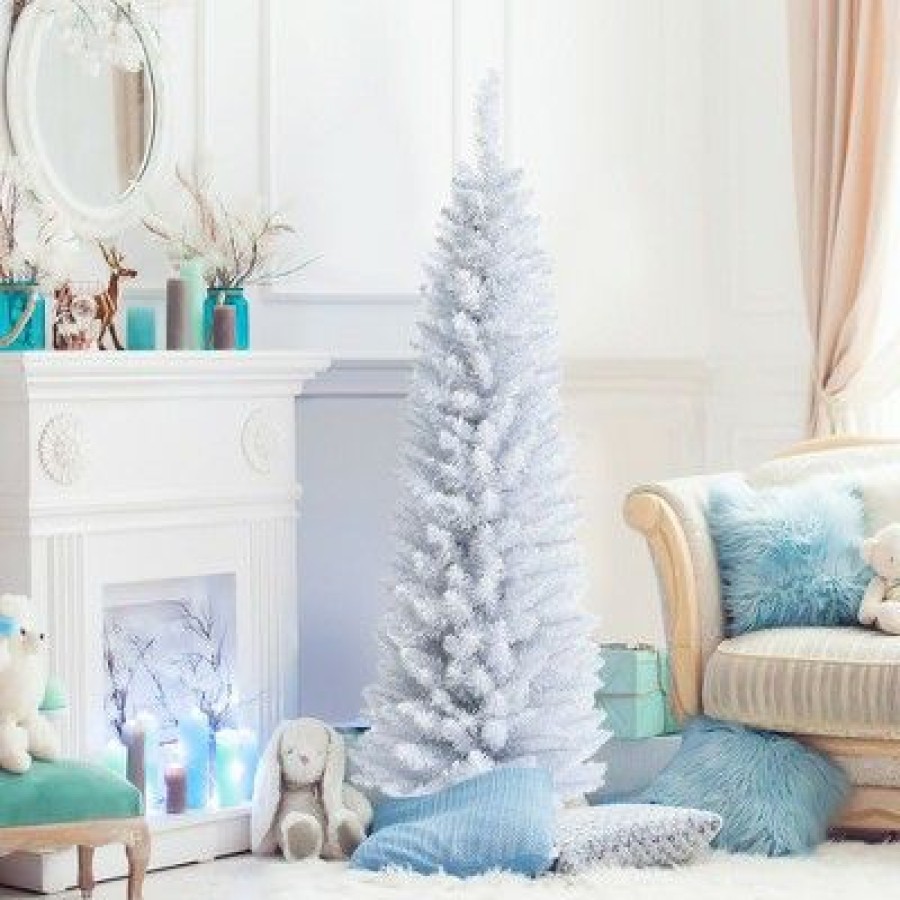 Pine * | Costway 5Ft Unlit Artificial Slim Pencil Christmas Tree With Metal Stand White