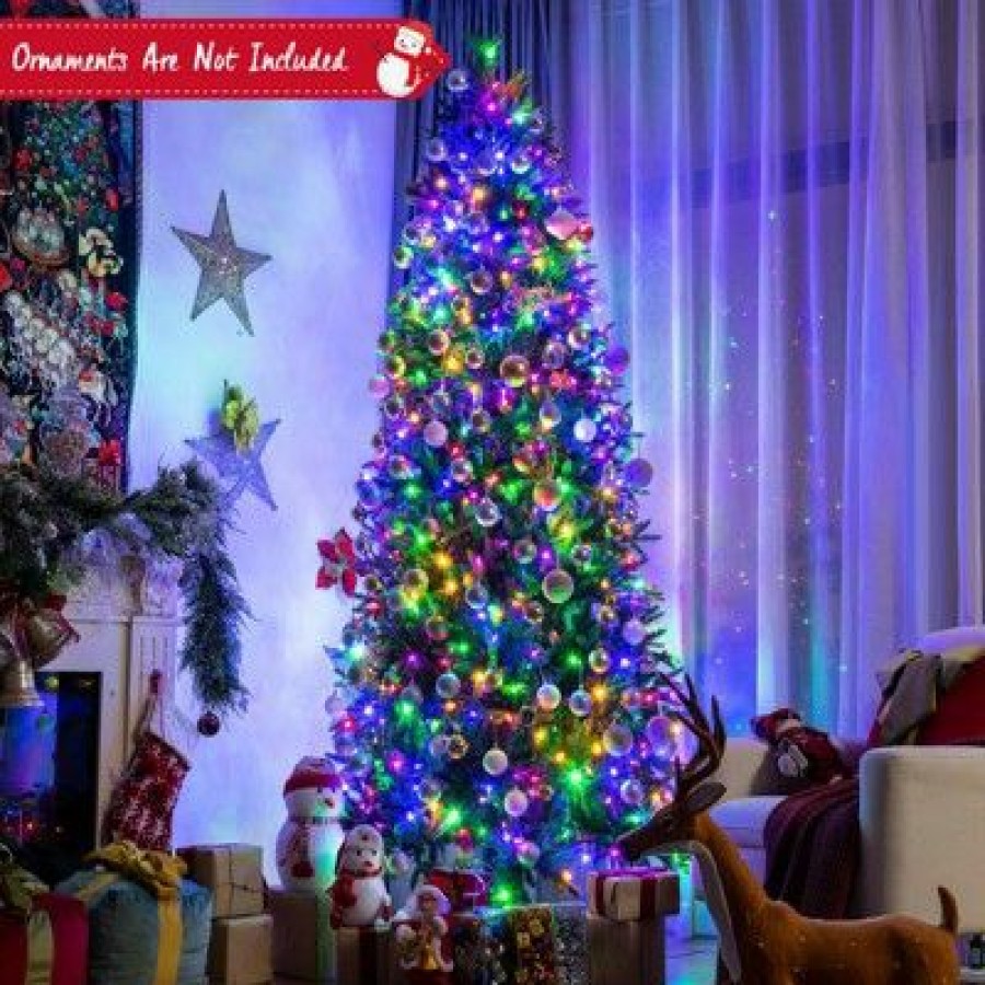 Pine * | Costway 8Ft Pre-Lit Hinged Christmas Tree W/ 600 Led Lights & 9 Dynamic Effects