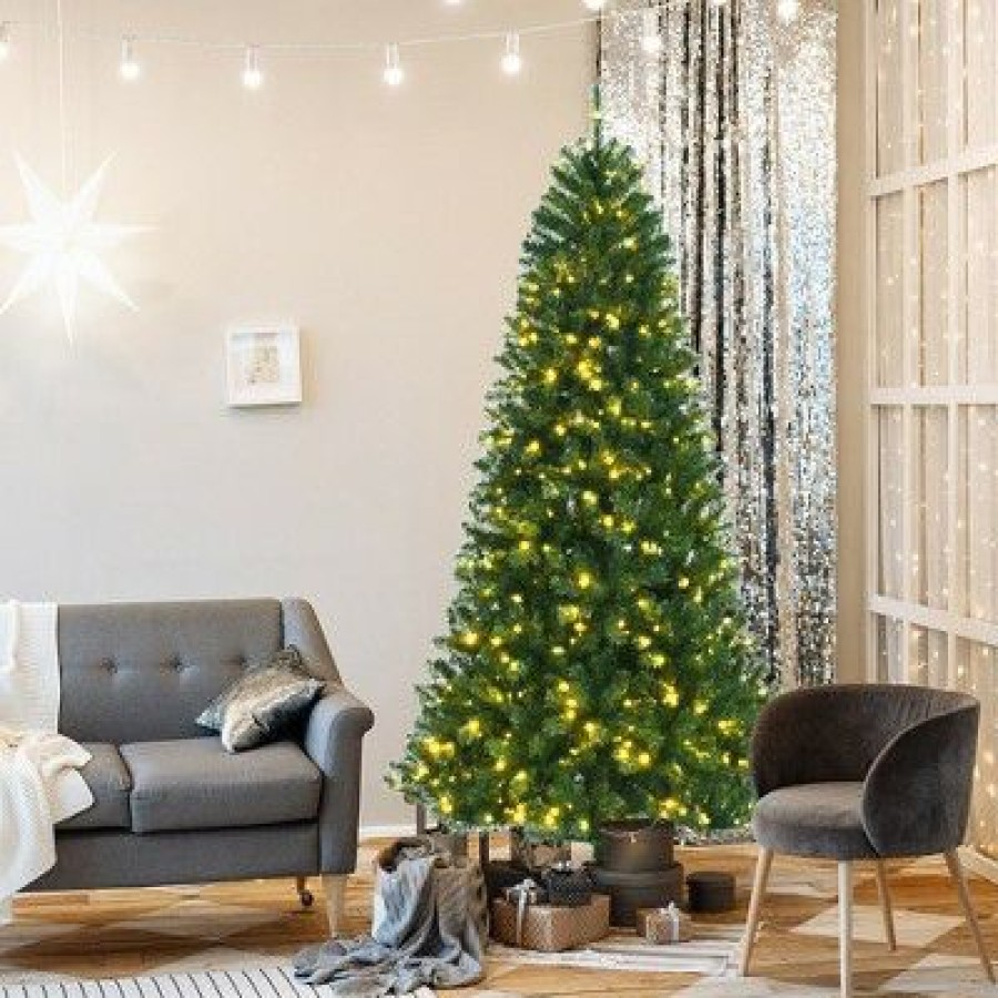 Pine * | Costway 7Ft Pre-Lit Hinged Christmas Tree W/ Remote Control & 9 Lighting Modes