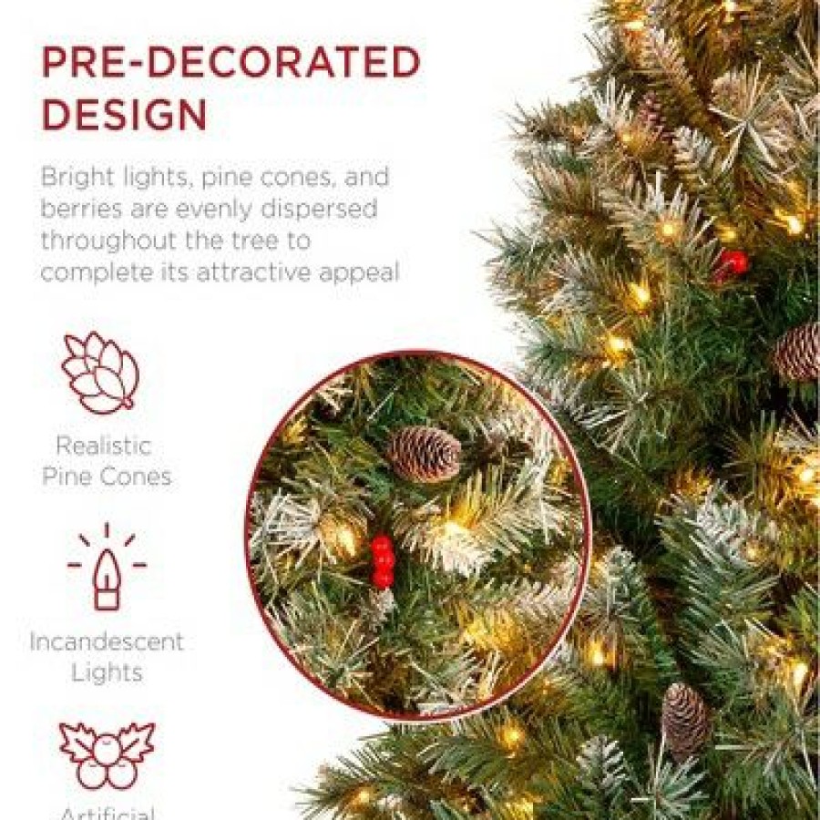 Pine * | Best Choice Products Pre-Lit Pre-Decorated Holiday Christmas Tree W/ Flocked Tips, Base