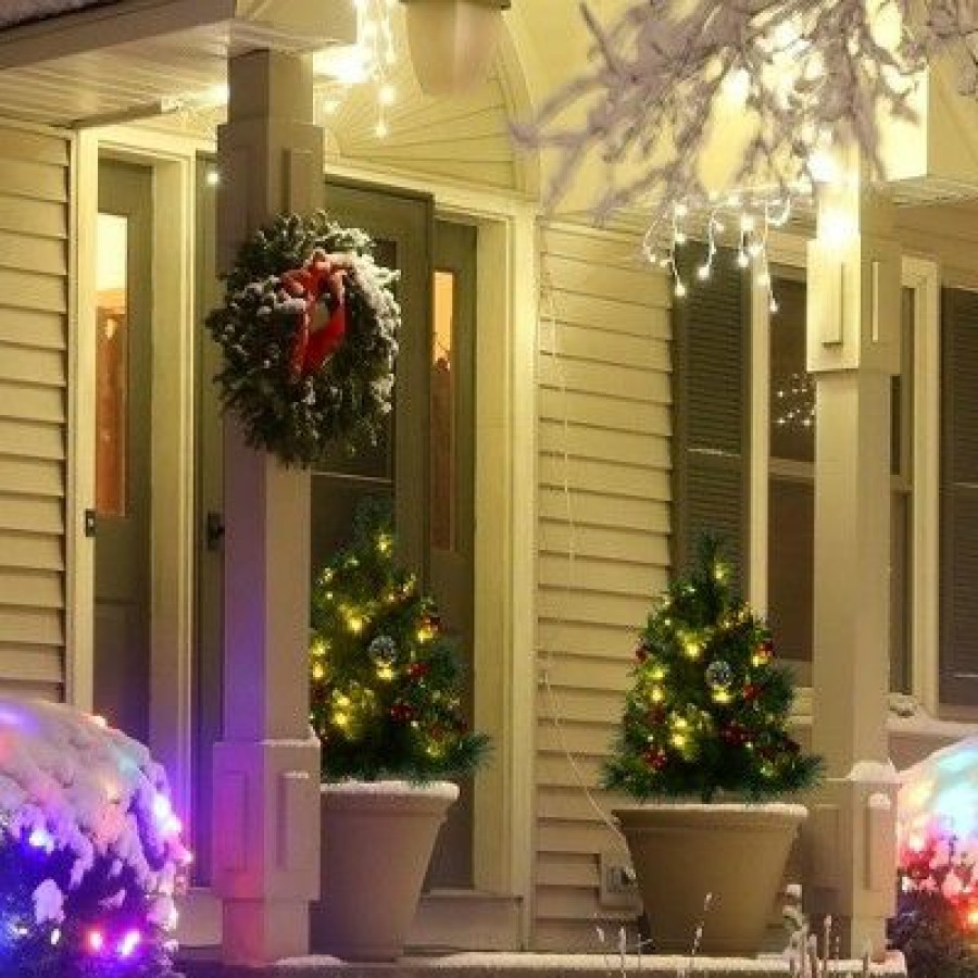 Pine * | Homcom 22.5In Christmas Tree 2-Pack Outdoor Pre-Lit Artificial Pine Cordless With 24 Warm White Lights And Stakes