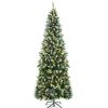 Pine * | Costway 7Ft Pre-Lit Artificial Hinged Pencil Christmas Tree Decorated Snow Flocked Tips