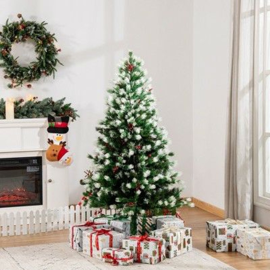 Douglas Fir * | Homcom Christmas Tree Artificial Snow-Flocked Automatic Open With Red Berries