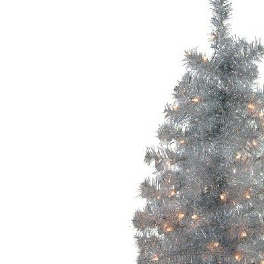 Pine * | Northlight 4 X 22 Pre-Lit Slim Silver Artificial Tinsel Christmas Tree Clear Lights