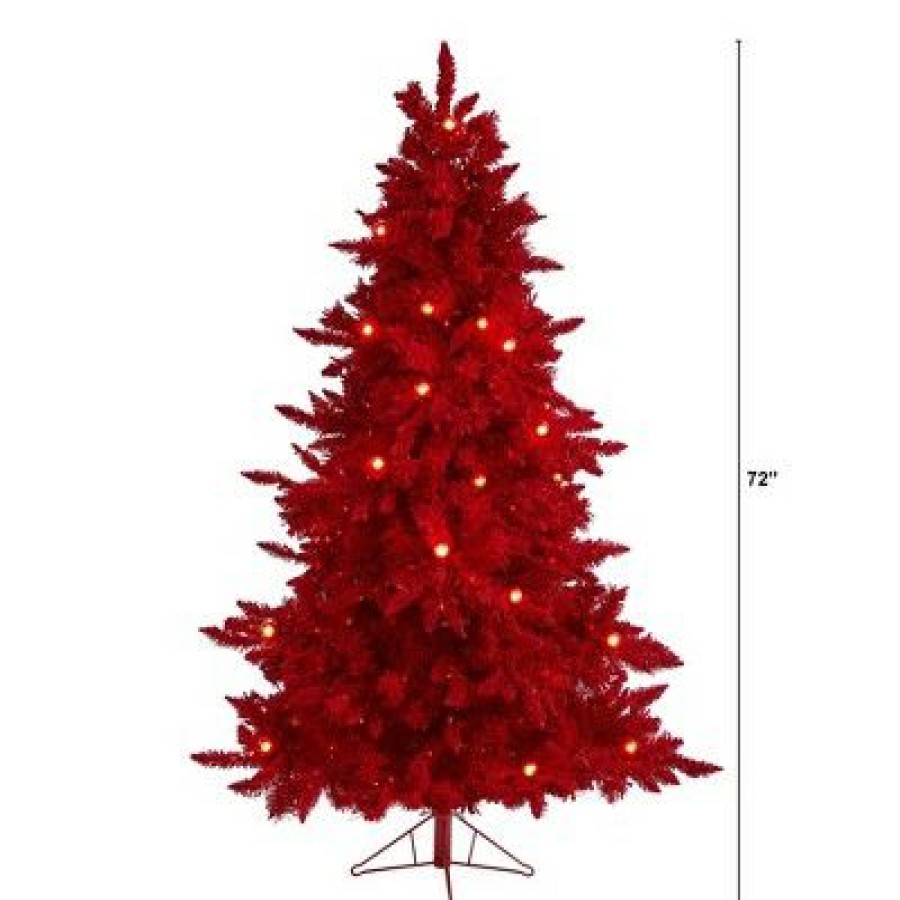 Fir Wood * | 6Ft Nearly Natural Pre-Lit Red Flocked Fraser Fir Artificial Christmas Tree Red Lights