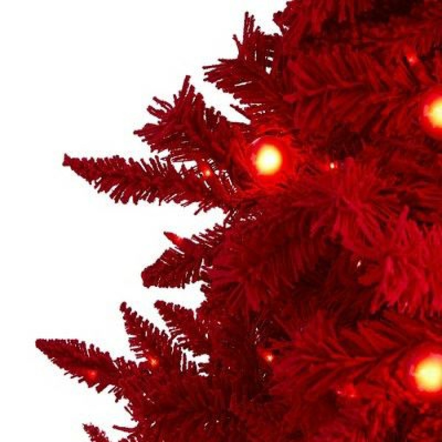 Fir Wood * | 6Ft Nearly Natural Pre-Lit Red Flocked Fraser Fir Artificial Christmas Tree Red Lights