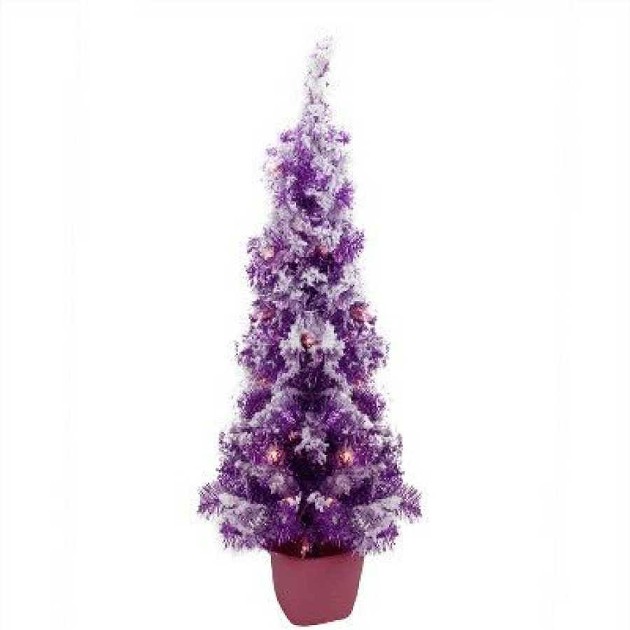 Pine * | Northlight 3.5 X 18" Pre-Lit Potted Flocked Purple Pencil Tinsel Artificial Christmas Tree Clear Lights