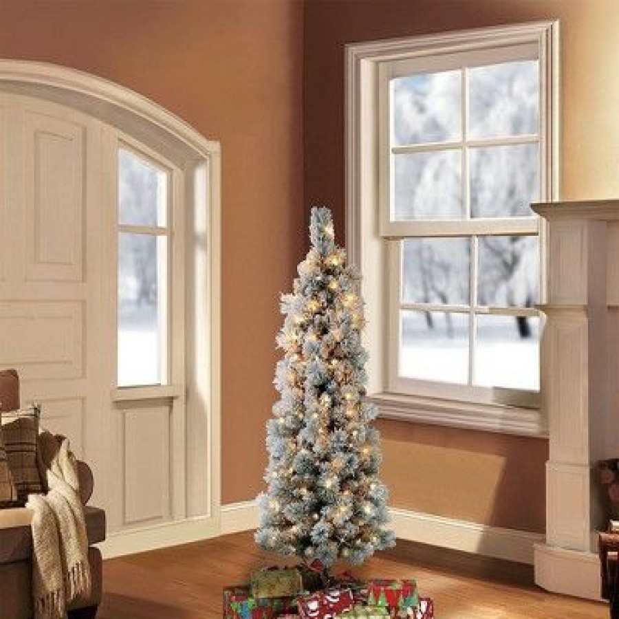 Unidentified Plant Variety * | Primo International Puleo International 4.5 Foot Snowy Prelit Flocked Artificial Pencil Christmas Tree With 100 Ul Listed Clear Lights, 195 Branch Tips & Metal Stand