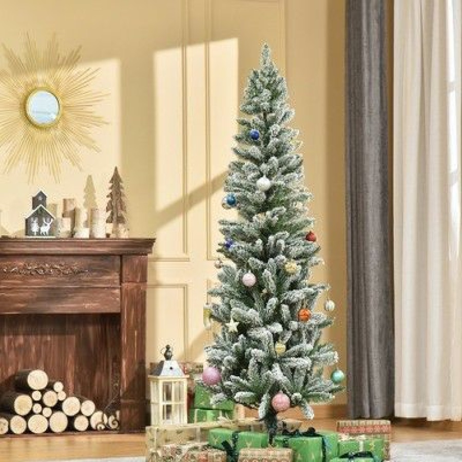 Pine * | Homcom Artificial Flocked Christmas Tree, Xmas Pencil Tree, Holiday Home Indoor Decoration For Party With Automatic Open, Green