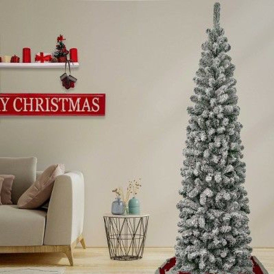 Pine * | National Tree Company Unlit Pencil Slim Flocked Acacia Hinged Artificial Christmas Tree