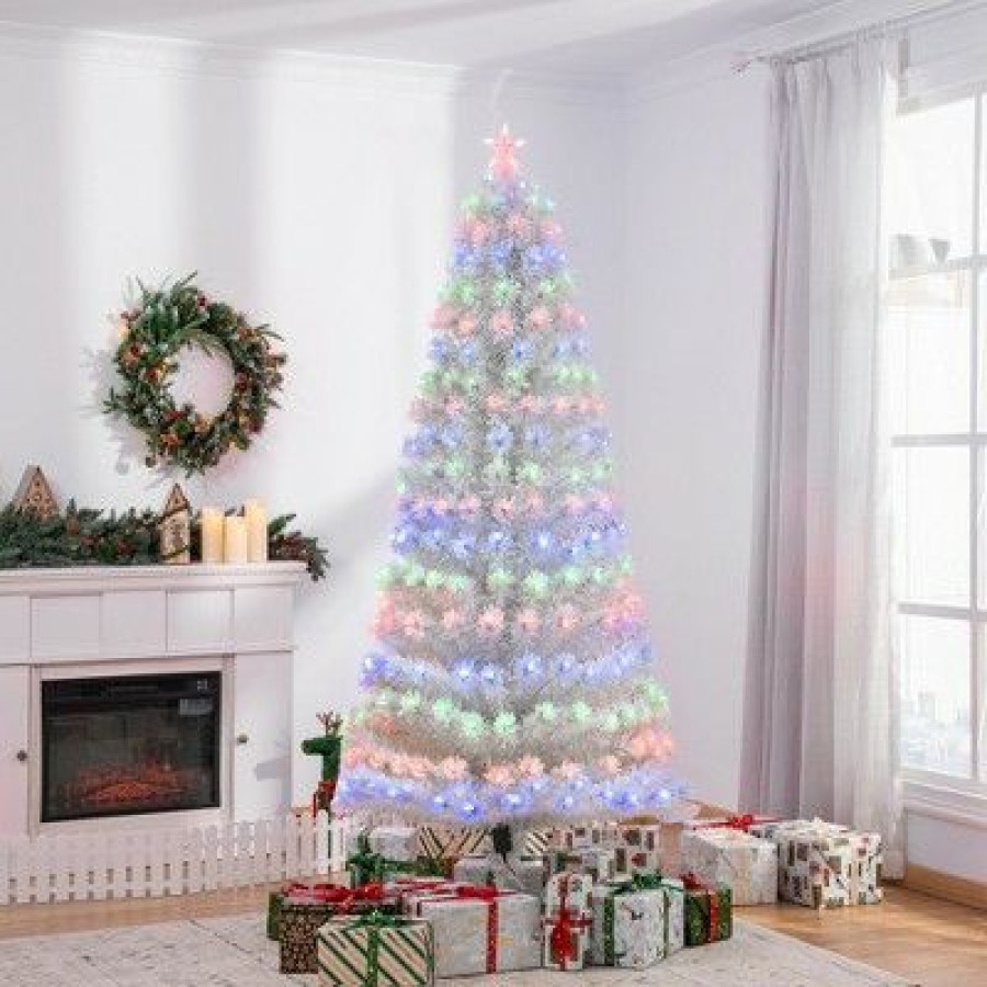 Douglas Fir * | Homcom 7Ft Tall Fir Artificial Christmas Tree With Realistic Branches, 280 Multi-Color Fiber Optic Led Lights And 280 Tips, White