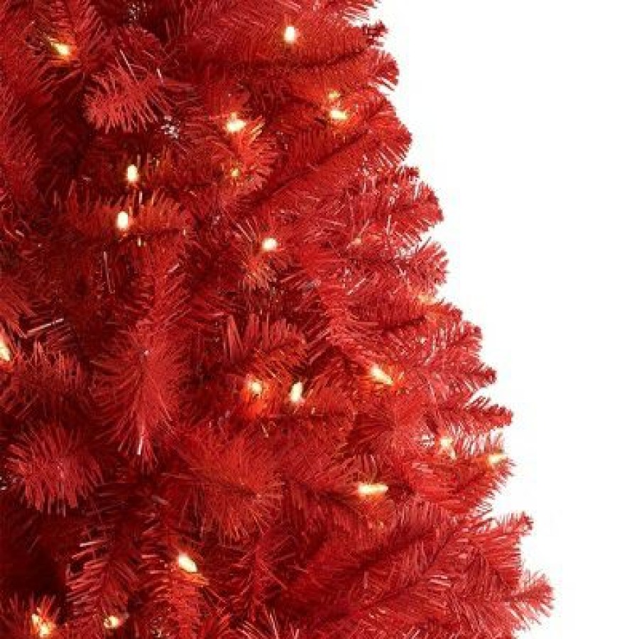 Unidentified Plant Variety * | Treetopia Lipstick Red 6 Foot Artificial Prelit Full Bodied Christmas Tree Holiday Decoration With White Led Lights, Premium Stand & Foot Pedal