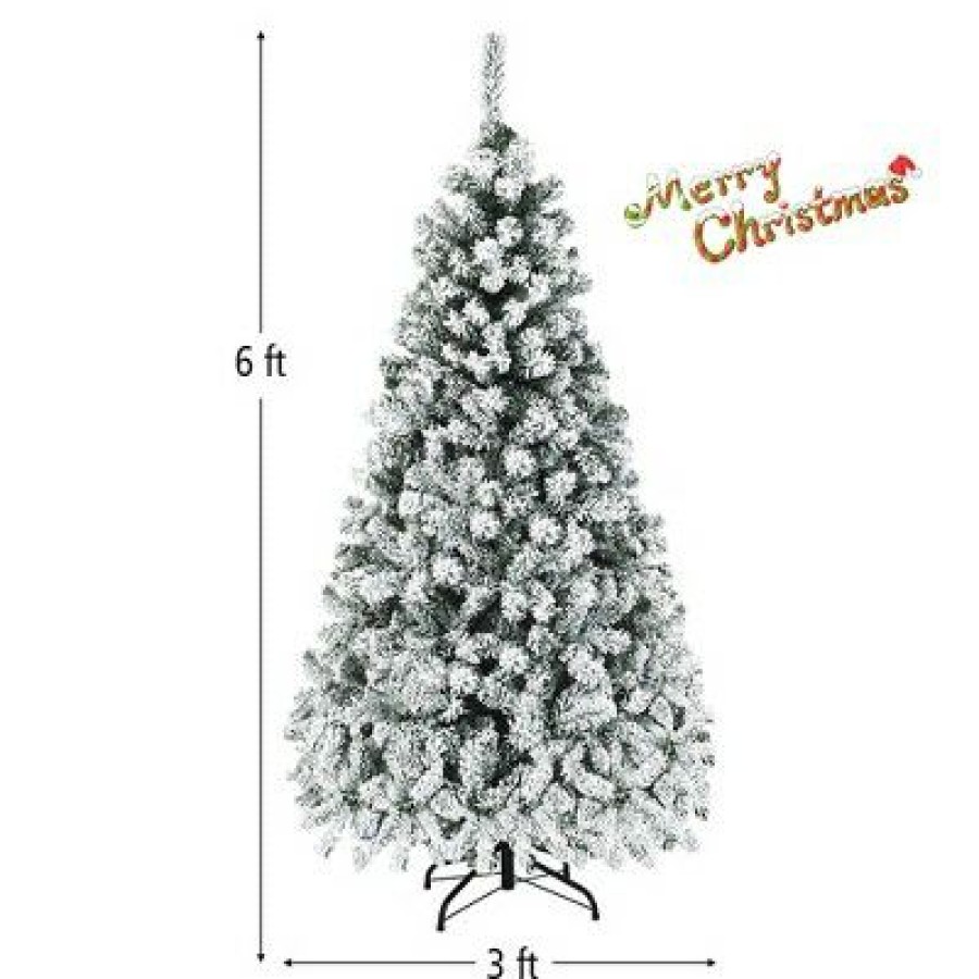 Pine * | Costway 6Ft/7.5Ft/9Ft Pre-Lit Premium Snow Flocked Hinged Artificial Christmas Tree With 250 Lights/450 Light/550 Lights