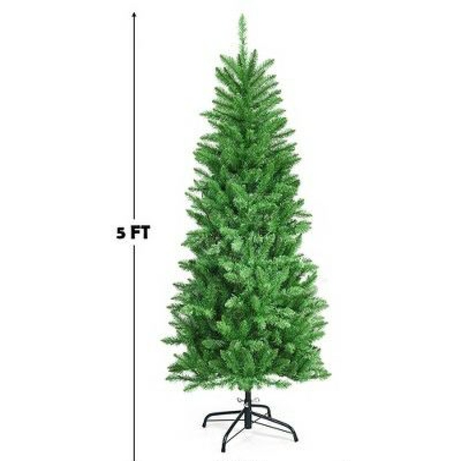 Pine * | Costway 5Ft Pre-Lit Artificial Pencil Christmas Tree Hinged Fir Pvc Tree /150 Led Lights