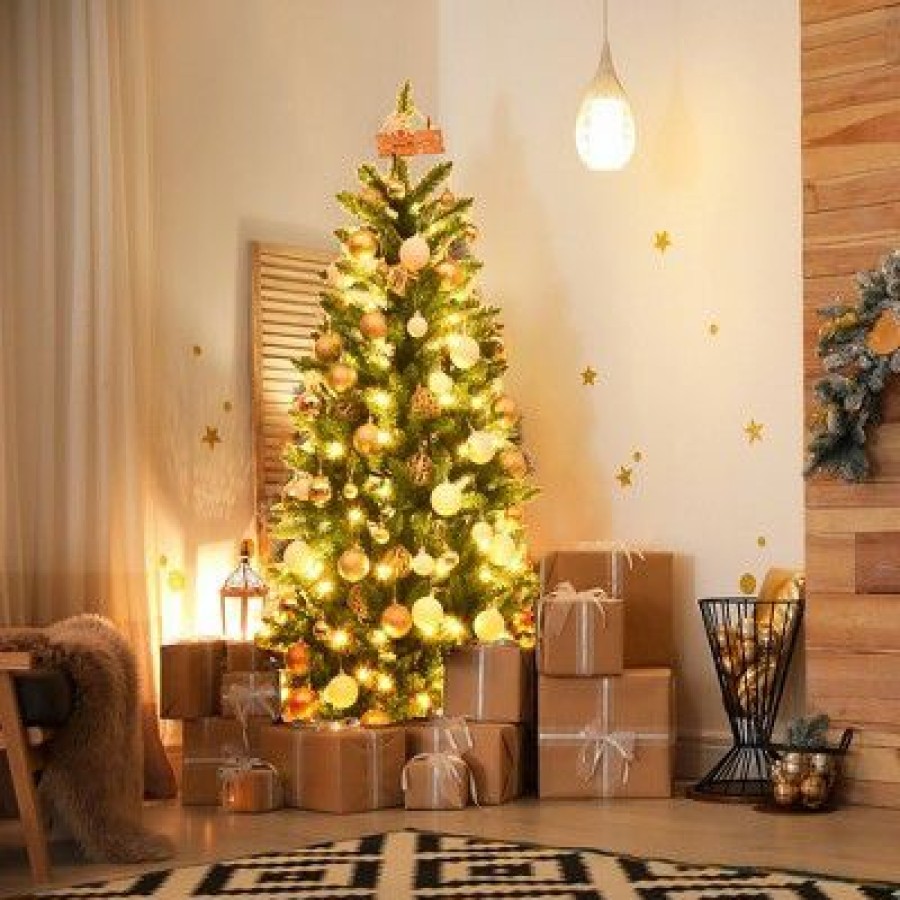 Pine * | Costway 5Ft Pre-Lit Artificial Pencil Christmas Tree Hinged Fir Pvc Tree /150 Led Lights