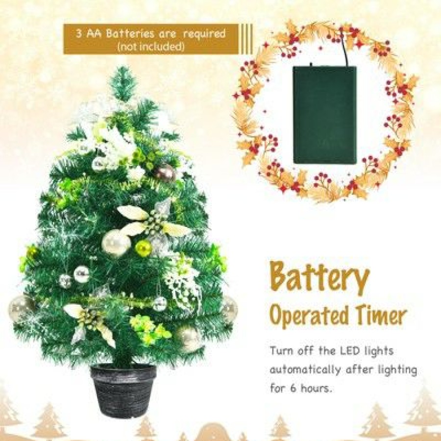 Pine * | Tangkula 2Ft Pre-Lit Tabletop Christmas Tree Mini Artificial Evergreen Christmas Tree With Timer & Rich Ornaments