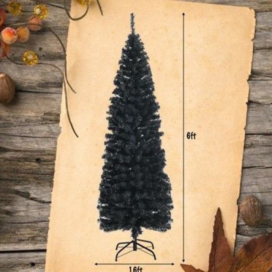 Pine * | Tangkula 6Ft Artificial Full Black Christmas Tree Slim Pencil Tree Seasonal Holiday Decoration For Home Office & Party