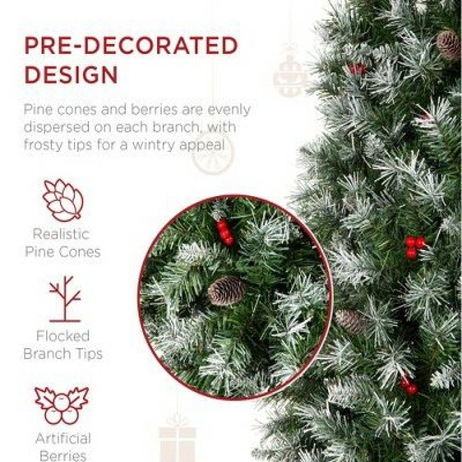 Pine * | Best Choice Products Pre-Decorated Partially Flocked Holiday Christmas Pencil Tree W/ Base